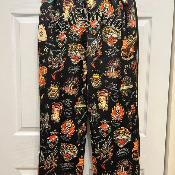 Ed Hardy Flashboard Track Pants Sz L Wide Leg Embroidered tattoo NWT Women. - Picture 3 of 11